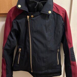 NWT orig $700 SOS Black Snow Womens Ski Jacket XS/34 Black and burgundy gold zip